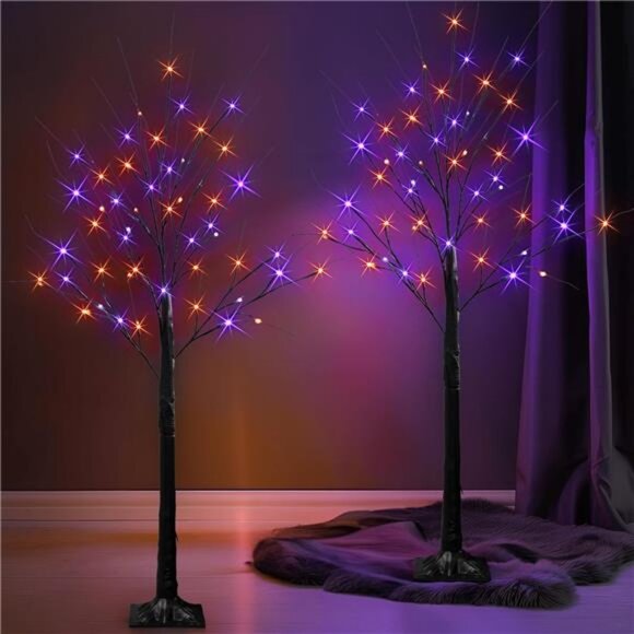 2 Pack 4FT Halloween Lighted Up Birch Tree, Total 96 LED Purple - Picture 3 of 7